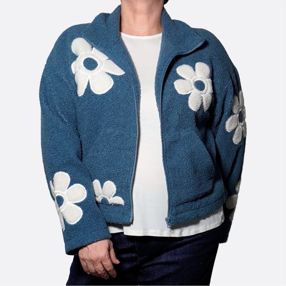 Teal Daisy Sherpa Zip Jacket 0X L Teddy Coat‎ Cozy Soft Girl Boho Flower Power